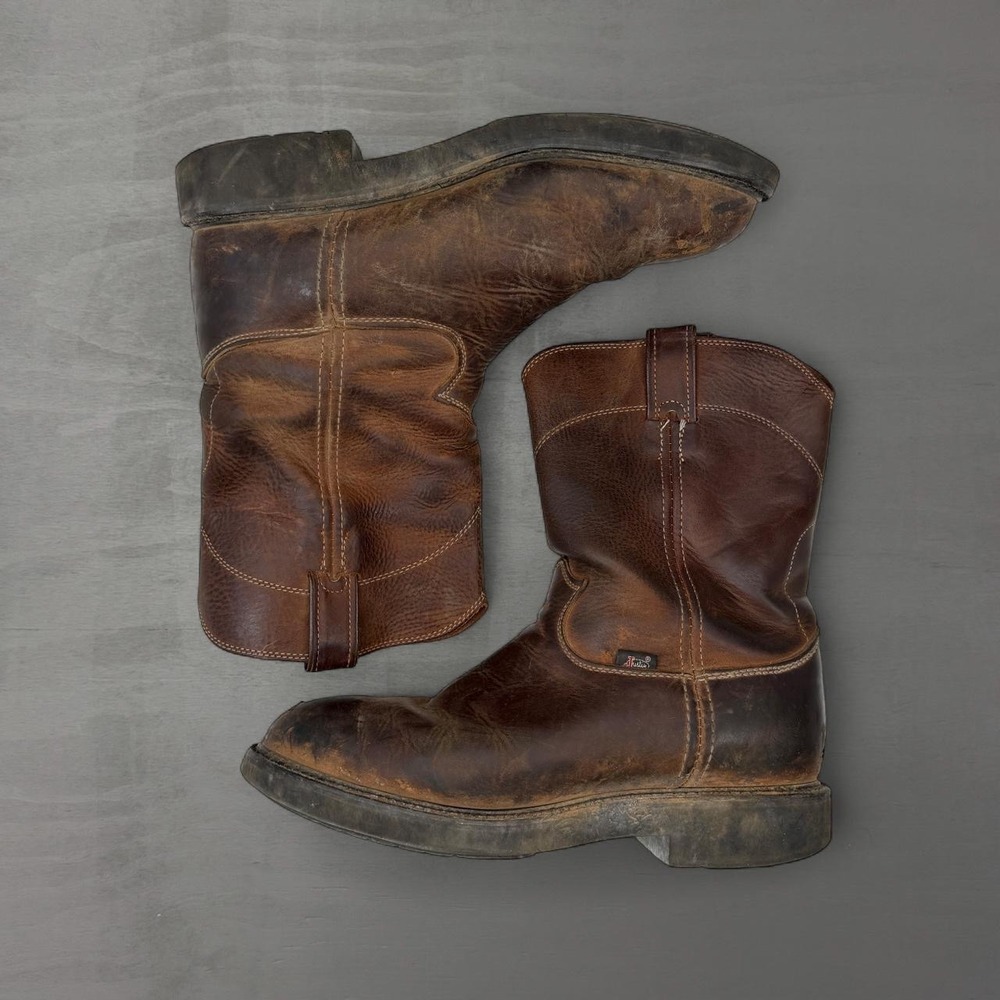 Justin Work Boots Brown Leather Pull On Roper Style 10D